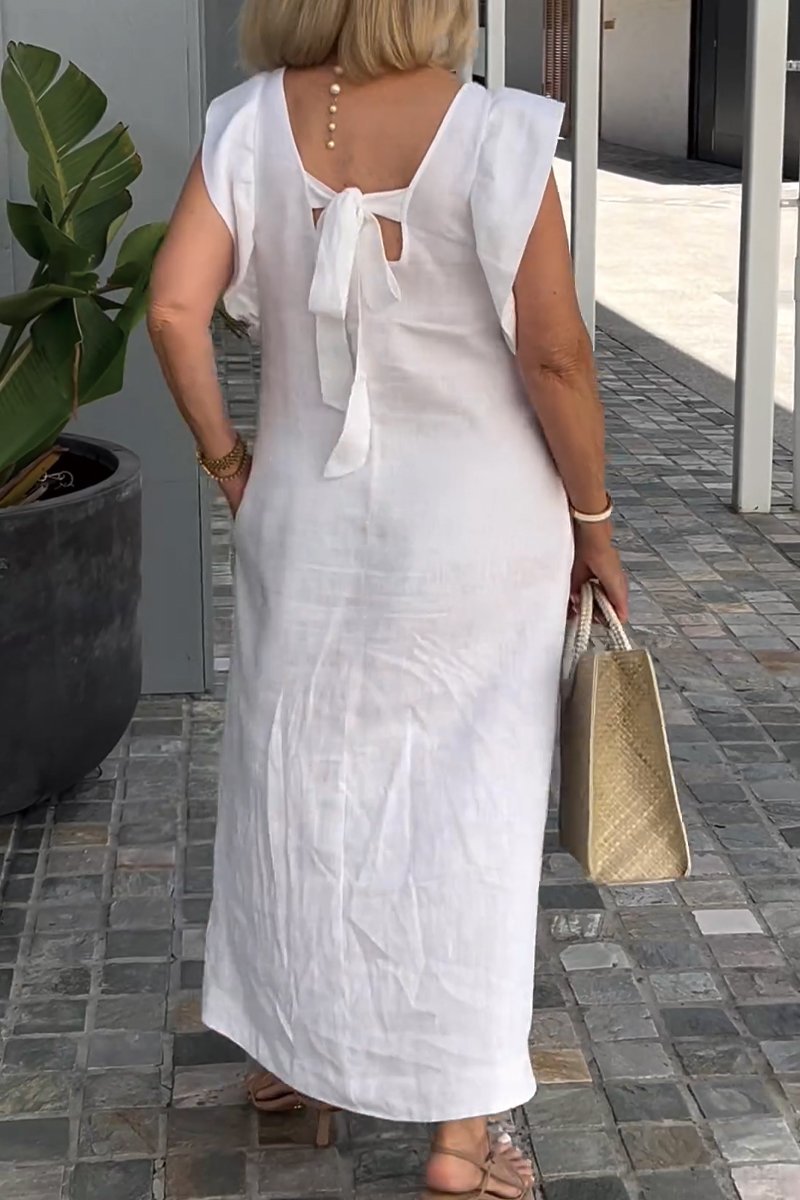 Linnen Damesjurk Met V-Hals En Kapmouw – Luchtige Midi Zomerjurk Met Casual Elegantie