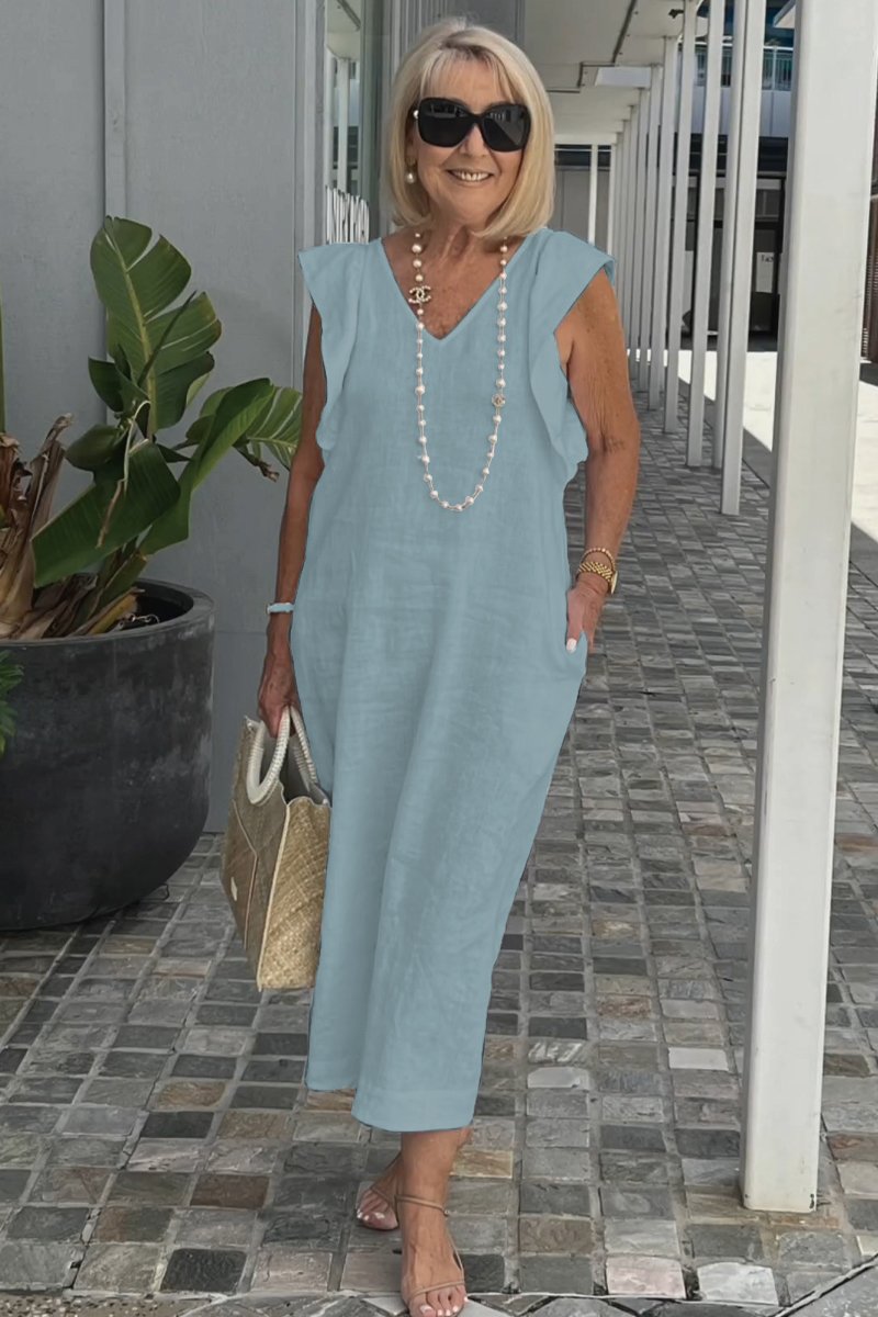 Linnen Damesjurk Met V-Hals En Kapmouw – Luchtige Midi Zomerjurk Met Casual Elegantie