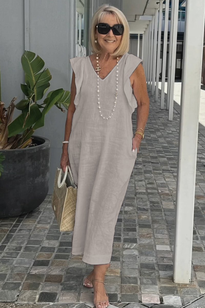 Linnen Damesjurk Met V-Hals En Kapmouw – Luchtige Midi Zomerjurk Met Casual Elegantie