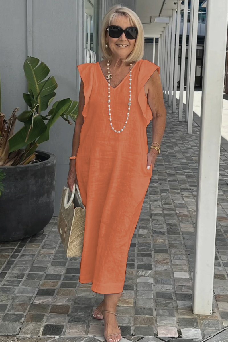 Linnen Damesjurk Met V-Hals En Kapmouw – Luchtige Midi Zomerjurk Met Casual Elegantie
