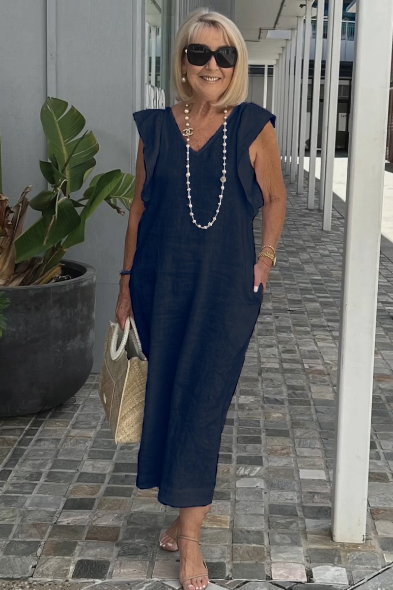 Linnen Damesjurk Met V-Hals En Kapmouw – Luchtige Midi Zomerjurk Met Casual Elegantie