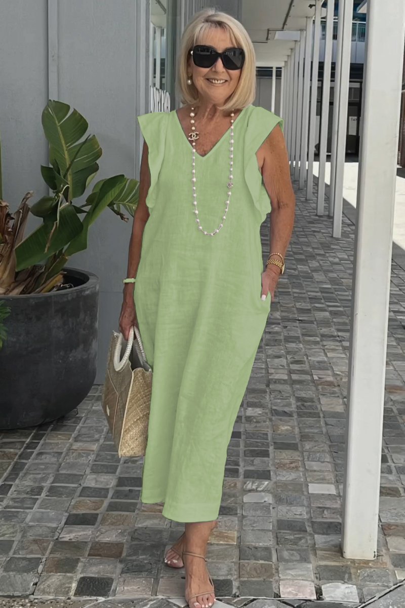 Linnen Damesjurk Met V-Hals En Kapmouw – Luchtige Midi Zomerjurk Met Casual Elegantie