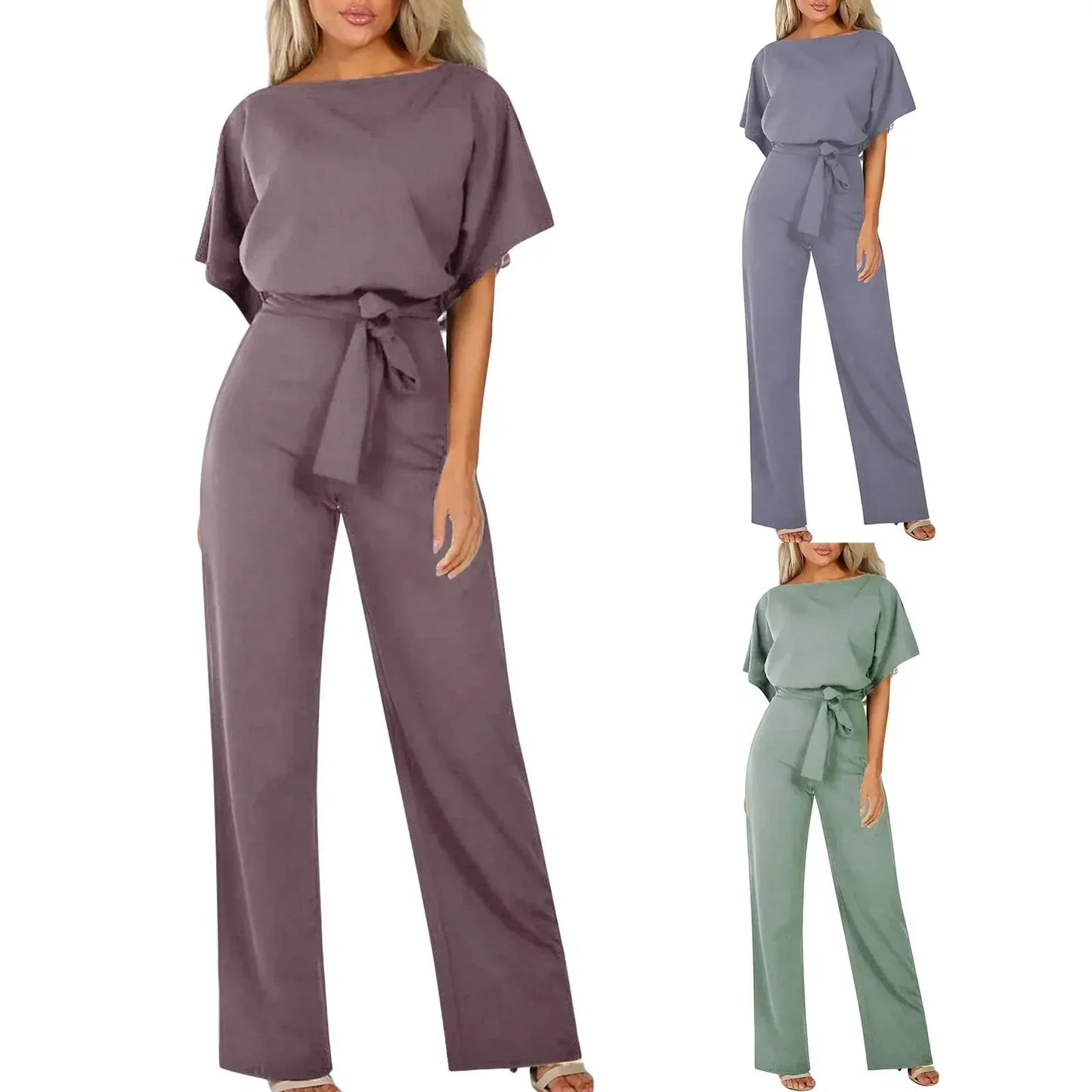 Chique Dames Jumpsuit – Elegante Wide Leg Jumpsuit Met Ceintuur En Boothals