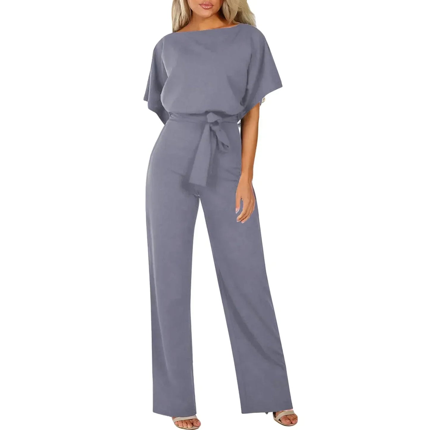 Chique Dames Jumpsuit – Elegante Wide Leg Jumpsuit Met Ceintuur En Boothals