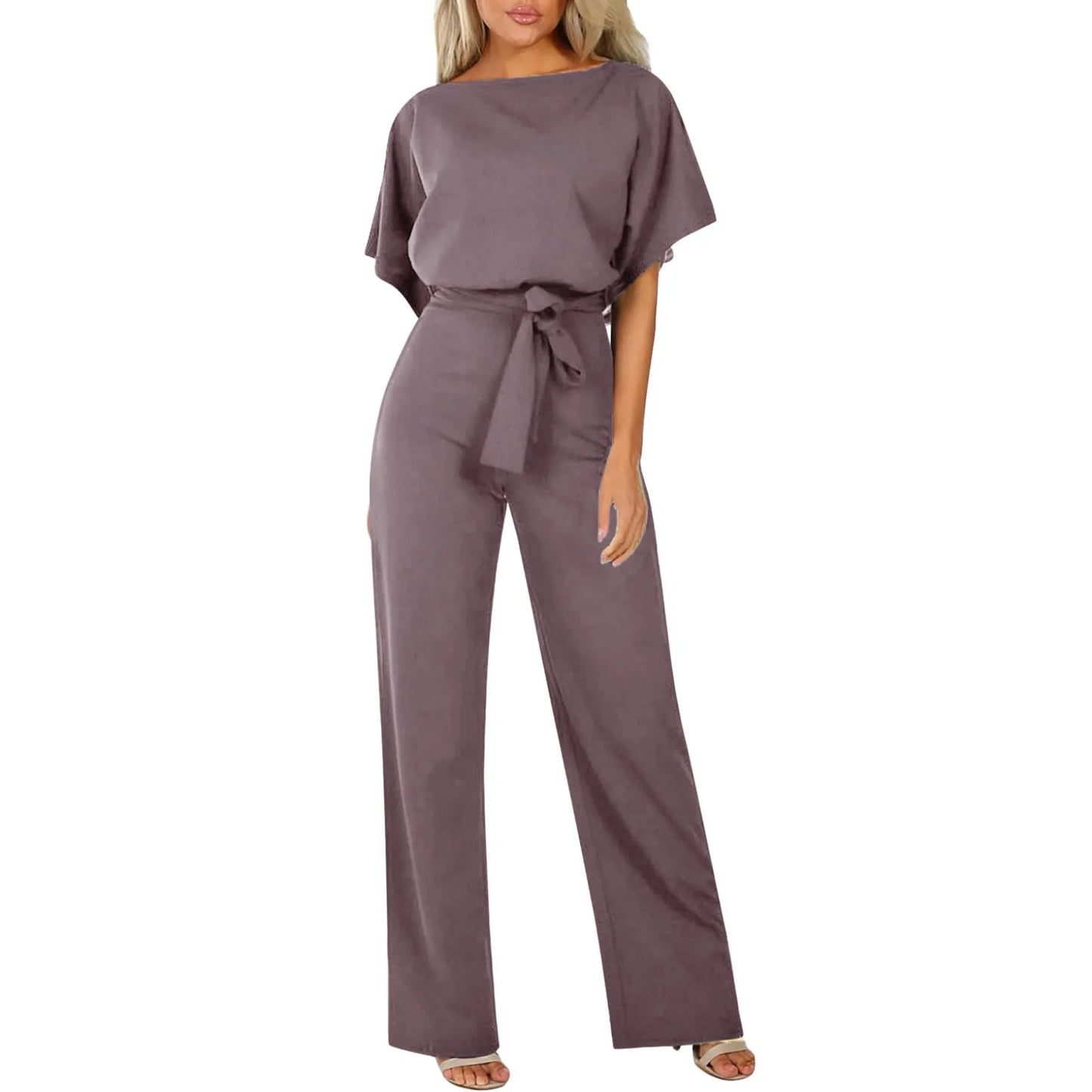Chique Dames Jumpsuit – Elegante Wide Leg Jumpsuit Met Ceintuur En Boothals