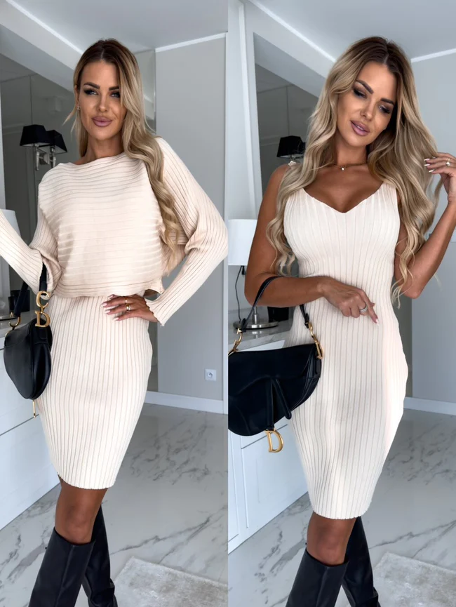 Gebreide Dames Set Met Mouwloze Jurk En Bijpassende Top – Elegante Rib Knit Co-Ord