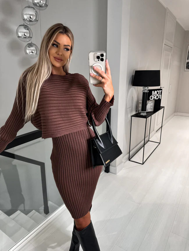 Gebreide Dames Set Met Mouwloze Jurk En Bijpassende Top – Elegante Rib Knit Co-Ord