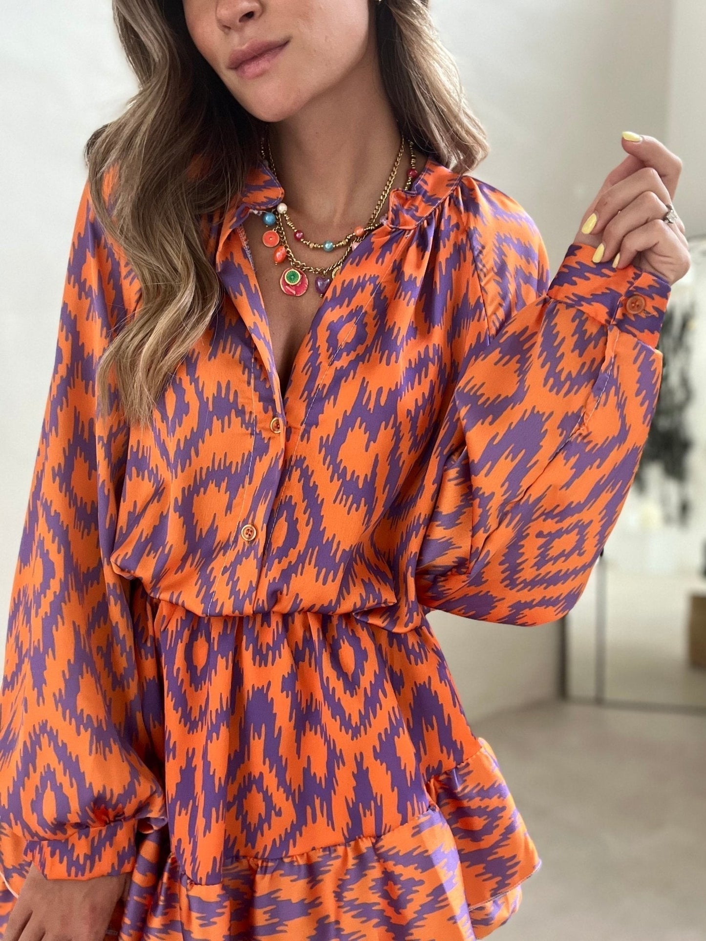 Dames Jurk Met Grafische Print, Lange Mouwen En Volantrok – Lente, Zomer En Vroege Herfst