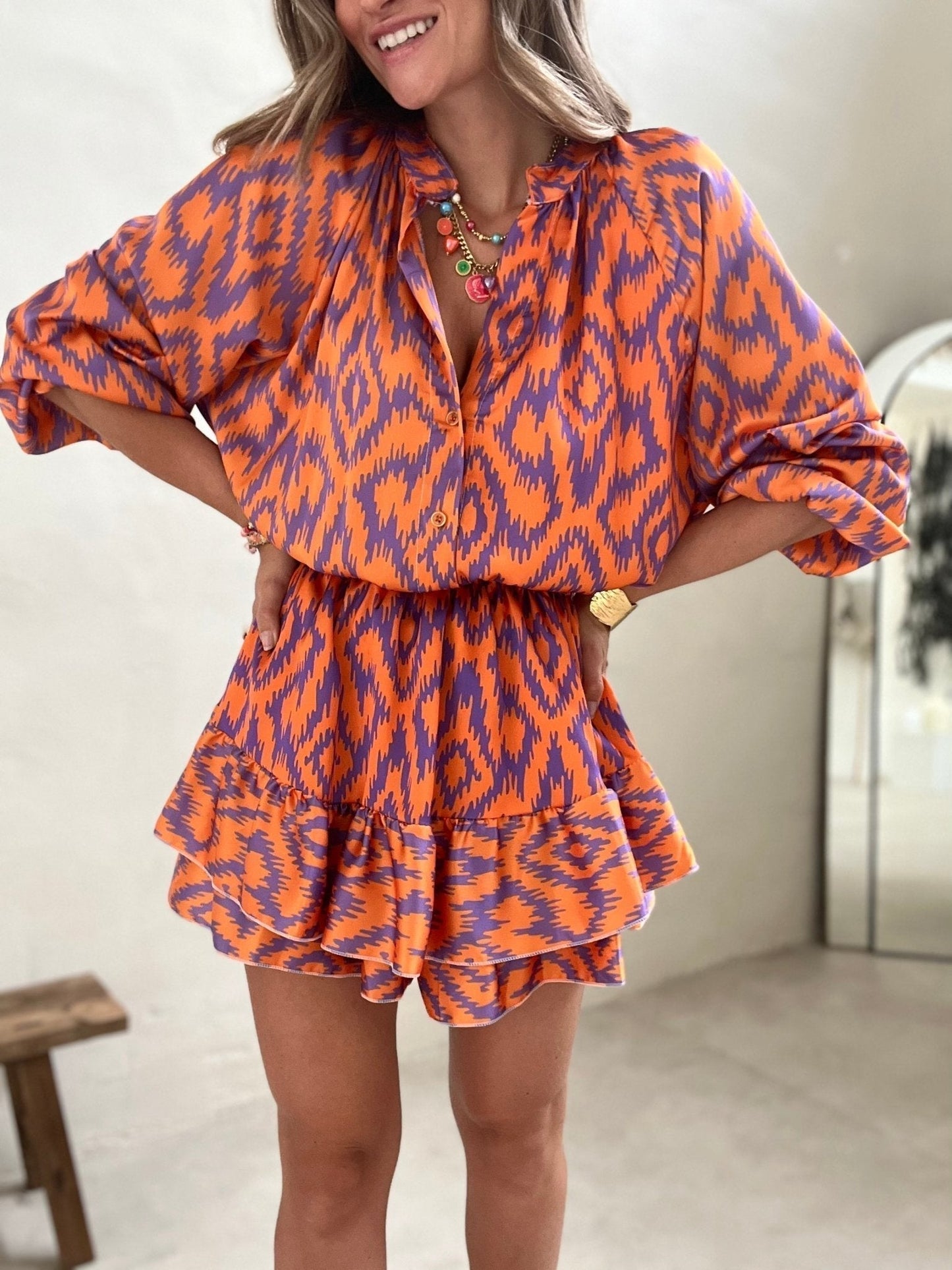 Dames Jurk Met Grafische Print, Lange Mouwen En Volantrok – Lente, Zomer En Vroege Herfst