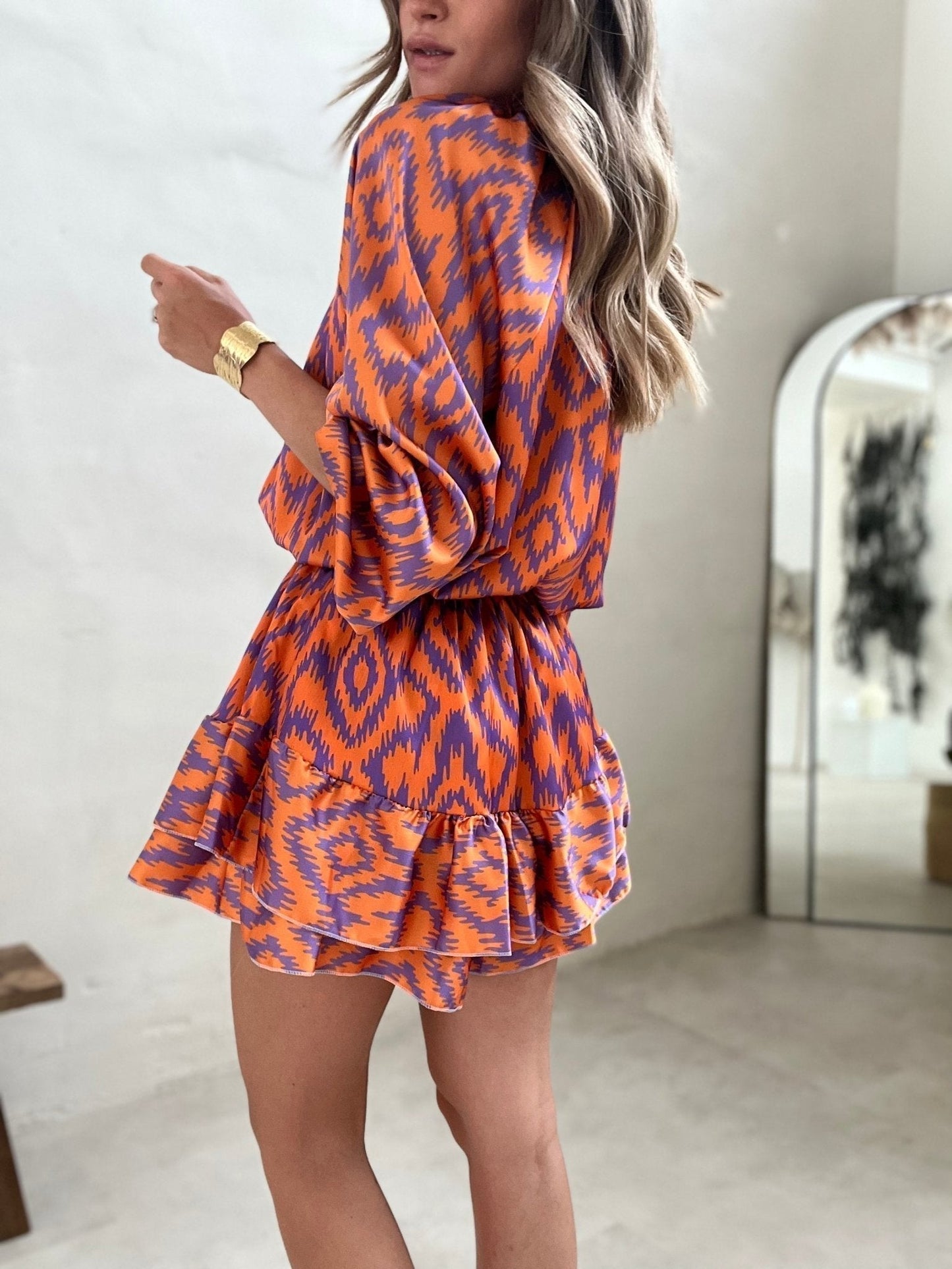 Dames Jurk Met Grafische Print, Lange Mouwen En Volantrok – Lente, Zomer En Vroege Herfst