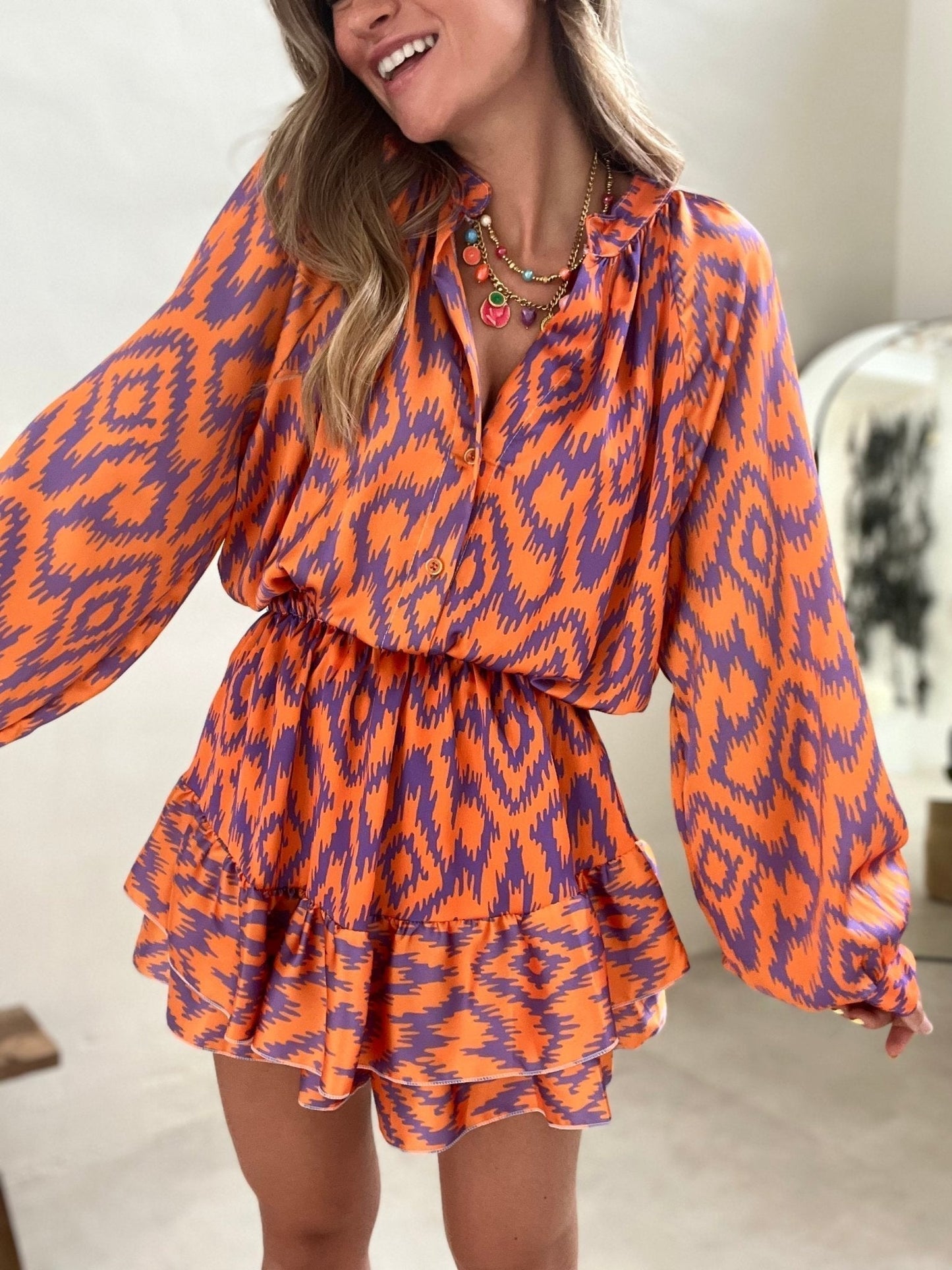 Dames Jurk Met Grafische Print, Lange Mouwen En Volantrok – Lente, Zomer En Vroege Herfst