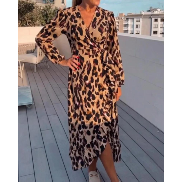 Dames Overslagjurk Met Luipaardprint En Lange Mouwen – Lente, Zomer En Herfst