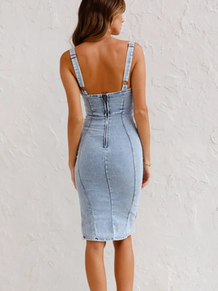 Dames Denim Bodycon Jurk Met Knoopsluiting En Split – Lente, Zomer En Herfst
