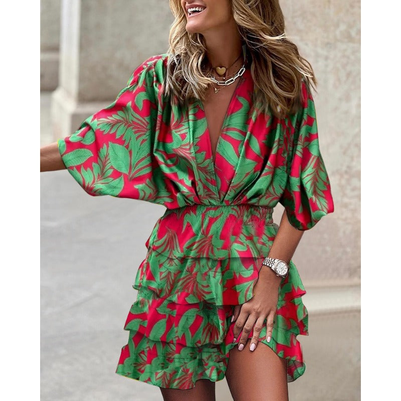 Dames Mini-Jurk Met Tropische Print En Volantrok – Lente, Zomer En Vroege Herfst