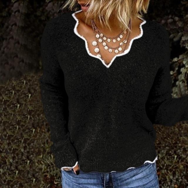 Zachte Damestrui Met Geschulpte V-Hals – Cosy-Chic Herfsttrui Met Speels Detail