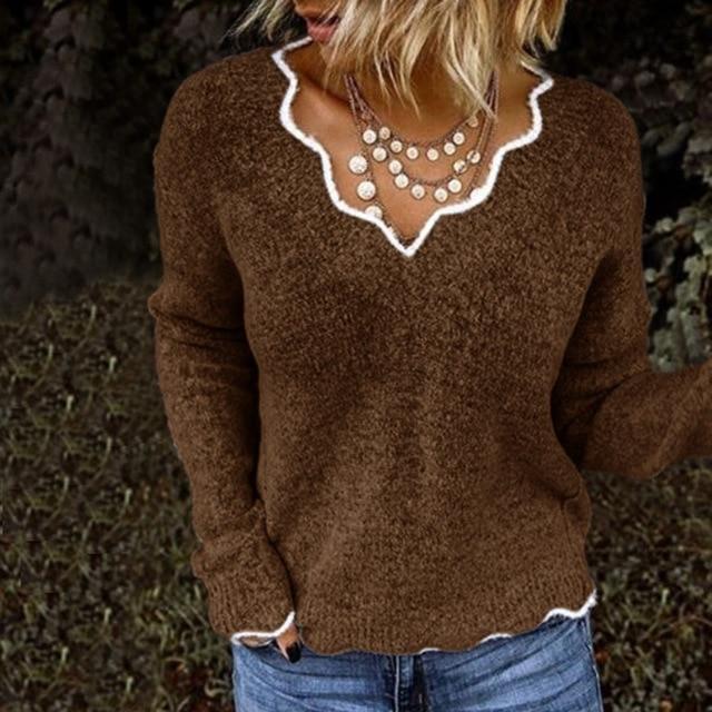 Zachte Damestrui Met Geschulpte V-Hals – Cosy-Chic Herfsttrui Met Speels Detail