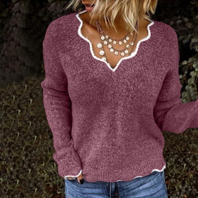 Zachte Damestrui Met Geschulpte V-Hals – Cosy-Chic Herfsttrui Met Speels Detail
