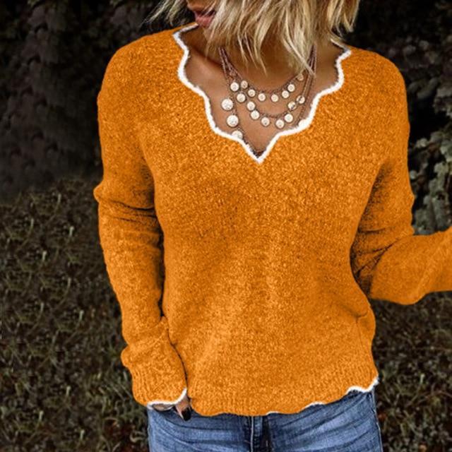 Zachte Damestrui Met Geschulpte V-Hals – Cosy-Chic Herfsttrui Met Speels Detail