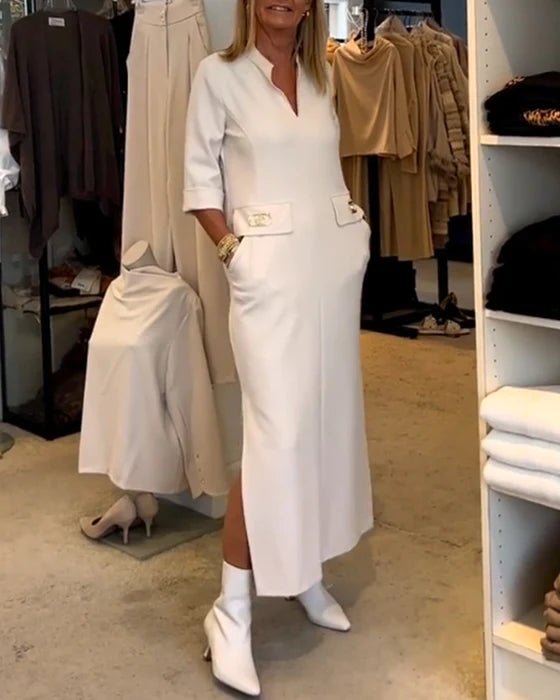 Dames Midi-Jurk Met Split, Zakdetails En Halve Mouwen – Voor Lente, Zomer En Herfst