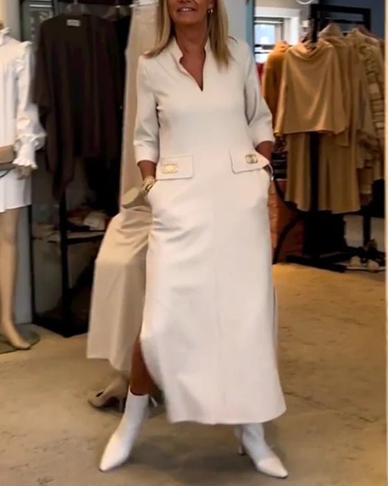 Dames Midi-Jurk Met Split, Zakdetails En Halve Mouwen – Voor Lente, Zomer En Herfst