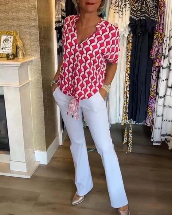 Top Met Geometrische Print – Casual Damesblouse Met V-Hals En Korte Mouwen
