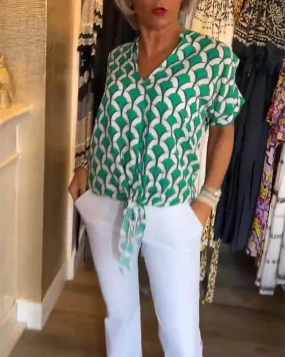 Top Met Geometrische Print – Casual Damesblouse Met V-Hals En Korte Mouwen