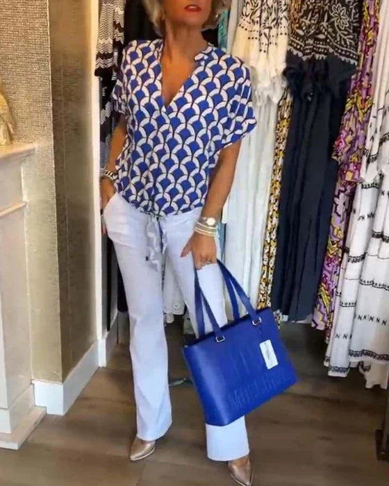 Top Met Geometrische Print – Casual Damesblouse Met V-Hals En Korte Mouwen