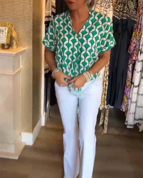 Top Met Geometrische Print – Casual Damesblouse Met V-Hals En Korte Mouwen