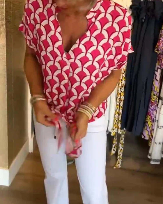 Top Met Geometrische Print – Casual Damesblouse Met V-Hals En Korte Mouwen