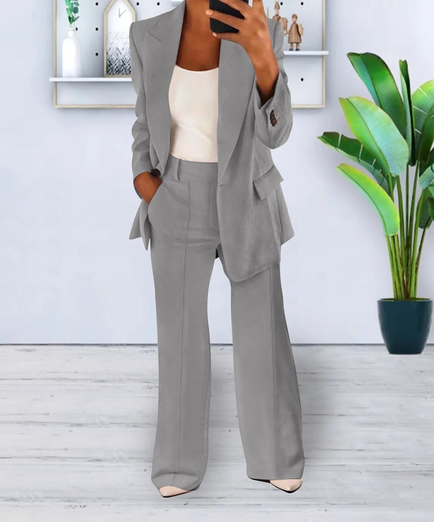 Dames Blazerpak Met Wijde Pantalon En Getailleerde Blazer – Perfect Voor Herfst, Winter En Voorjaar