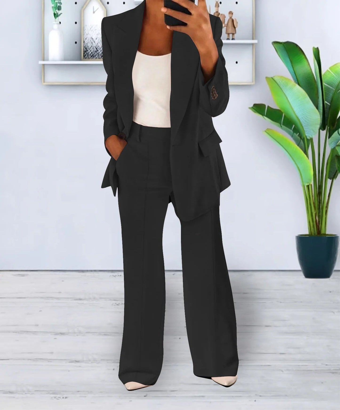Dames Blazerpak Met Wijde Pantalon En Getailleerde Blazer – Perfect Voor Herfst, Winter En Voorjaar