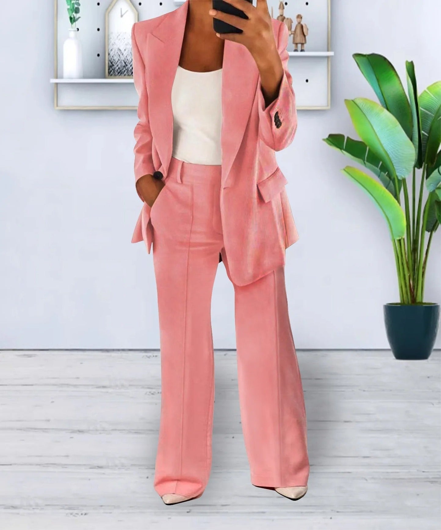 Dames Blazerpak Met Wijde Pantalon En Getailleerde Blazer – Perfect Voor Herfst, Winter En Voorjaar