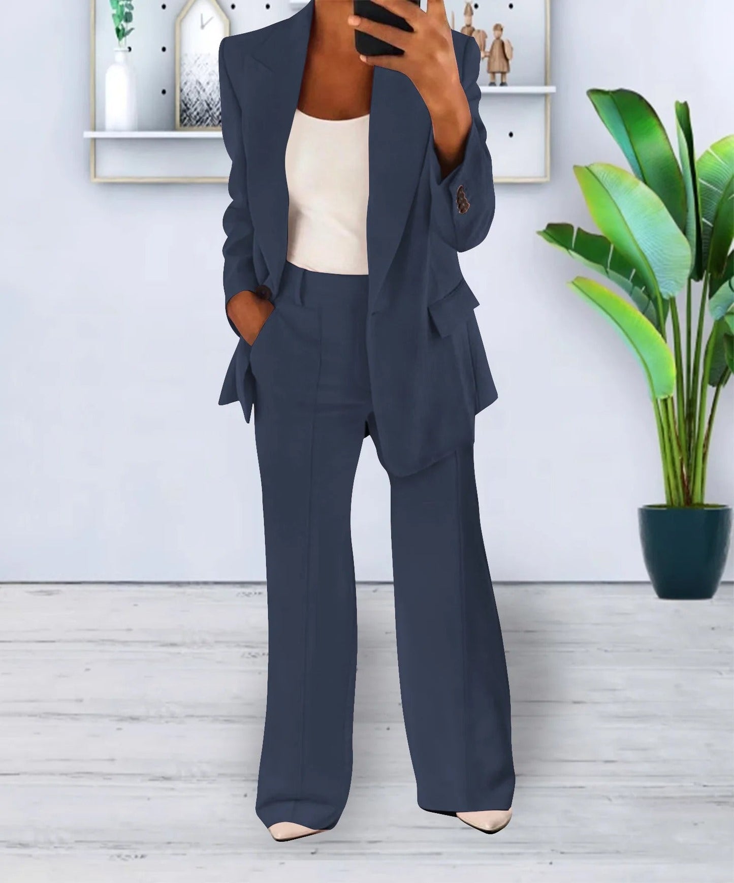 Dames Blazerpak Met Wijde Pantalon En Getailleerde Blazer – Perfect Voor Herfst, Winter En Voorjaar