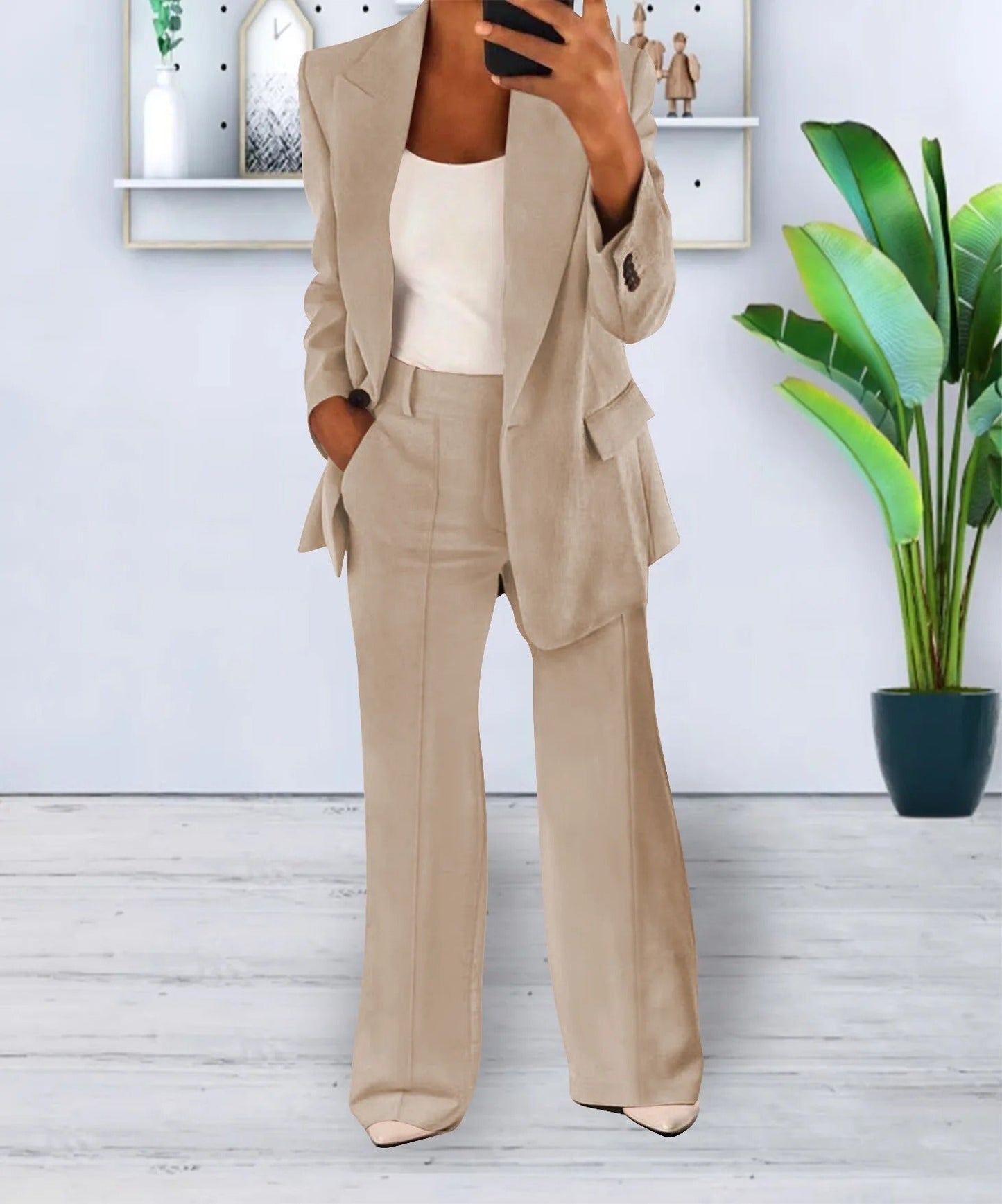 Dames Blazerpak Met Wijde Pantalon En Getailleerde Blazer – Perfect Voor Herfst, Winter En Voorjaar