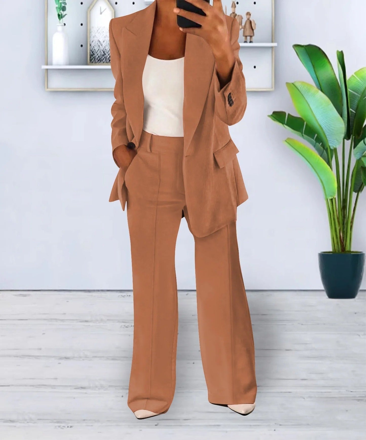 Dames Blazerpak Met Wijde Pantalon En Getailleerde Blazer – Perfect Voor Herfst, Winter En Voorjaar