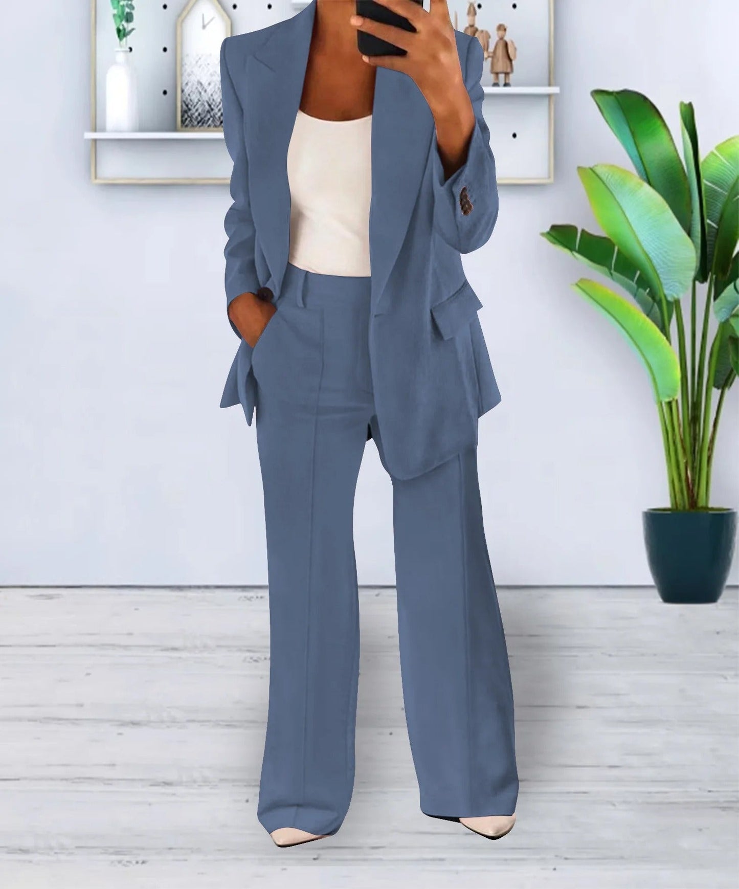 Dames Blazerpak Met Wijde Pantalon En Getailleerde Blazer – Perfect Voor Herfst, Winter En Voorjaar