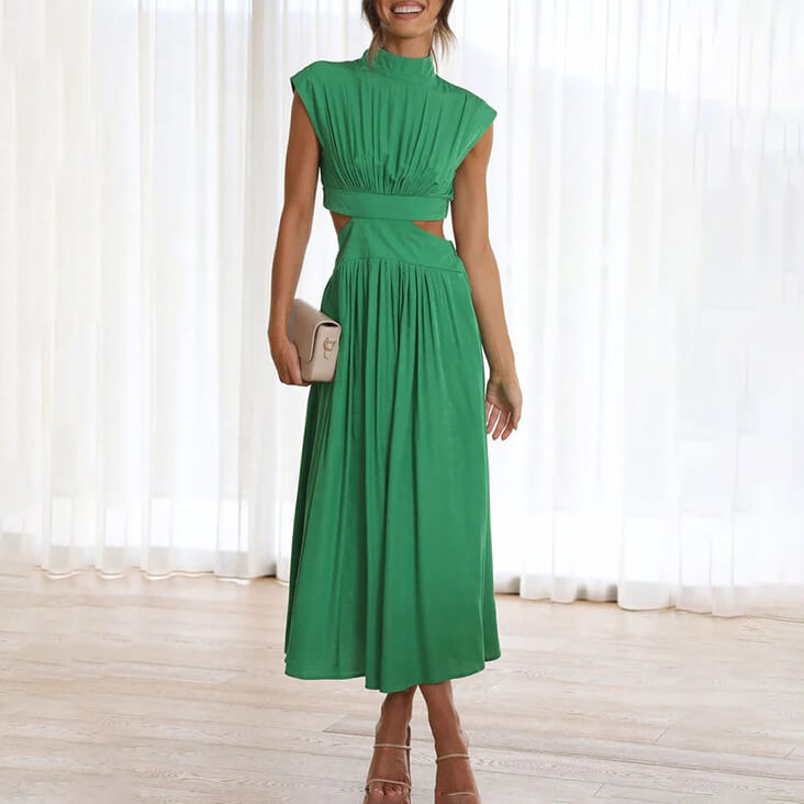 Damesjurk Met Hoge Hals – Geplooide Midi-Jurk Met Cut-Out Taille En Elegante Pasvorm