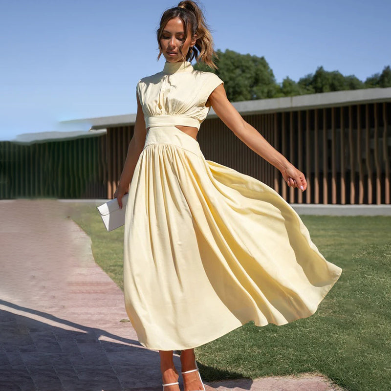 Damesjurk Met Hoge Hals – Geplooide Midi-Jurk Met Cut-Out Taille En Elegante Pasvorm