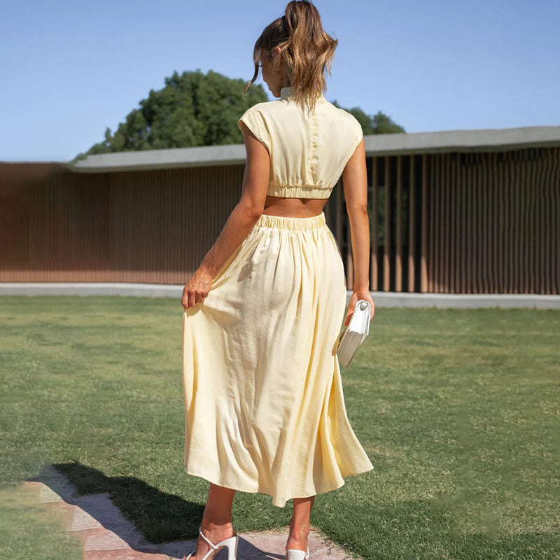 Damesjurk Met Hoge Hals – Geplooide Midi-Jurk Met Cut-Out Taille En Elegante Pasvorm