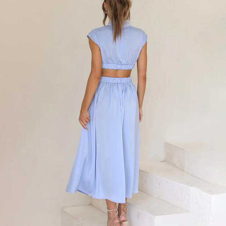 Damesjurk Met Hoge Hals – Geplooide Midi-Jurk Met Cut-Out Taille En Elegante Pasvorm