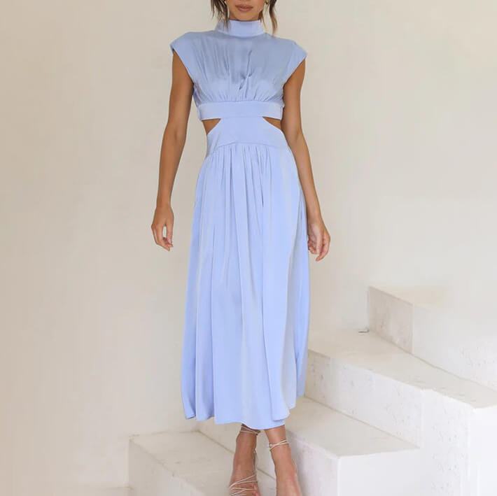 Damesjurk Met Hoge Hals – Geplooide Midi-Jurk Met Cut-Out Taille En Elegante Pasvorm
