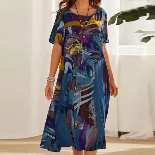 Kleurrijke Dames Zomerjurk Met Print En Korte Mouwen – Luchtig En Comfortabel Voor Elke Dag