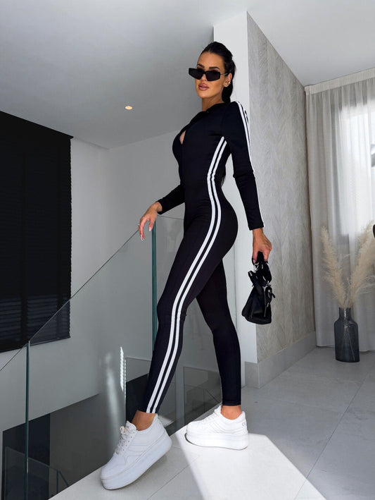 Sportieve Jumpsuit Voor Dames – Stijlvolle One-Piece Met Ritssluiting En Contrasterende Zijstrepen