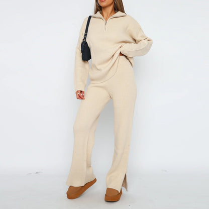Dames Knit Set Met Half-Zip Trui En Rechte Broek – Ideaal Voor Herfst, Winter En Vroege Lente