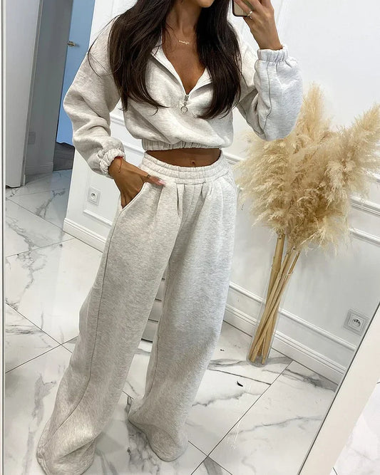 Dames Lounge Set Met Cropped Zip-Sweater En Wijde Broek – Herfst, Winter En Voorjaar