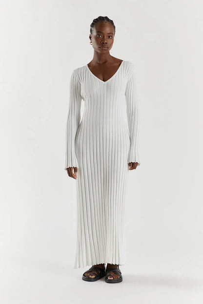 Dames Ribgebreide Maxi-Jurk Met V-Hals En Lange Mouwen – Voorjaar, Zomer En Herfst