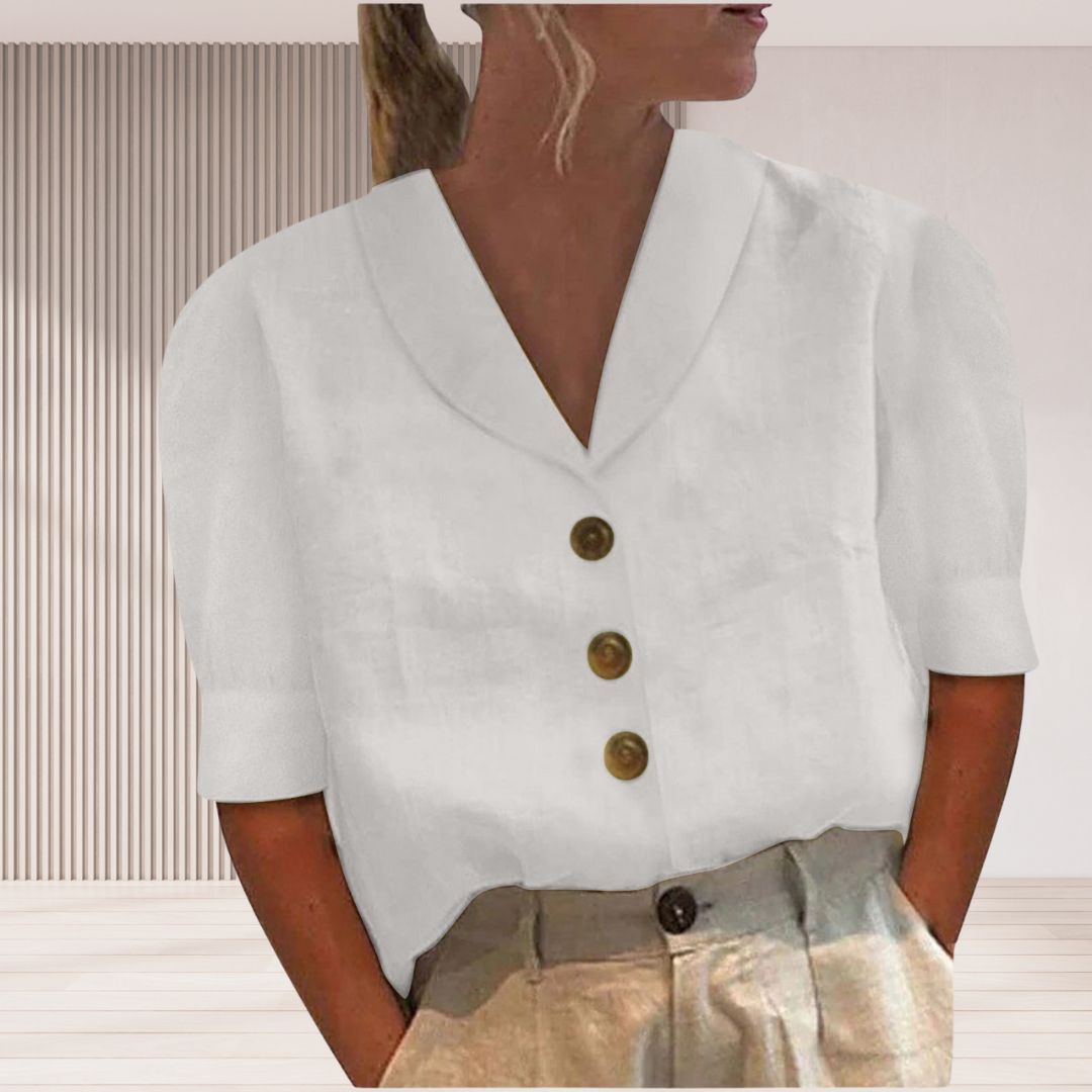 Dames Blouse Met Brede Kraag, Korte Mouwen En Knoopsluiting – Lente, Zomer En Vroege Herfst