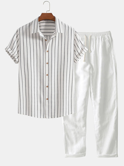 Gestreepte heren set met overhemd en broek – luchtig, stijlvol & veelzijdig voor voorjaar, zomer en herfst