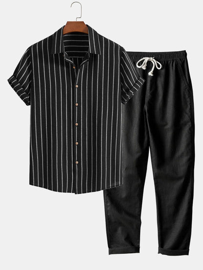 Gestreepte heren set met overhemd en broek – luchtig, stijlvol & veelzijdig voor voorjaar, zomer en herfst