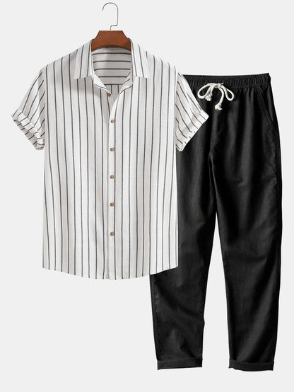 Gestreepte heren set met overhemd en broek – luchtig, stijlvol & veelzijdig voor voorjaar, zomer en herfst